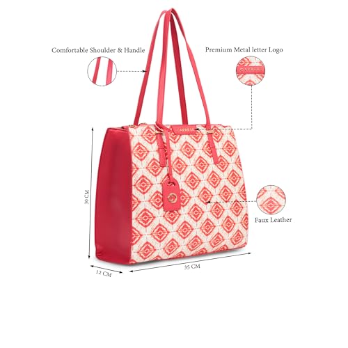 Caprese Shibori Large Tote Bag for Women | Printed Faux Leather Shoulder Bag with Multi-Compartments | Zipper Closure | Includes Detachable Charm | Stylish Everyday Bag (Pink)