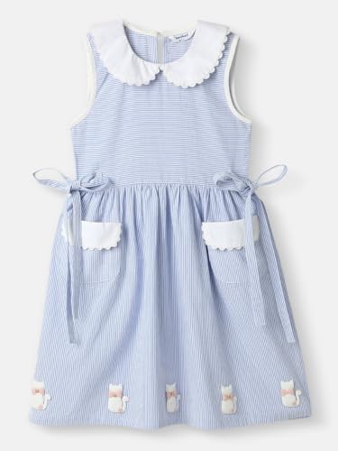 Nautinati Girls' Cotton Peterpan Collar Dress with Front Pockets and Cat Patches