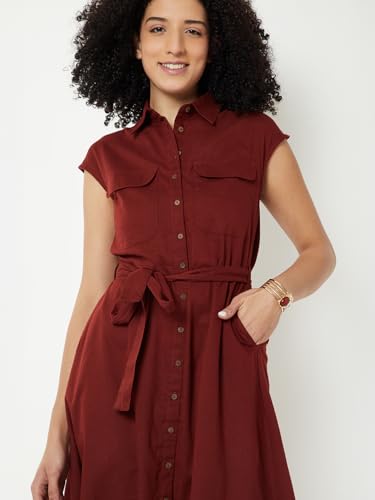 Max Women Solid Shirt Dress with Belt(Maroon_XS)