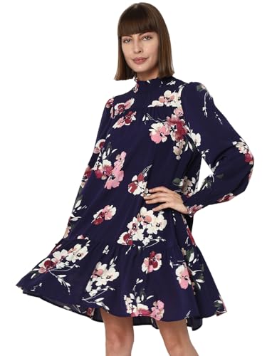 VERO MODA Women Printed Polyester Blend Knee Length Blue A-Line Dress