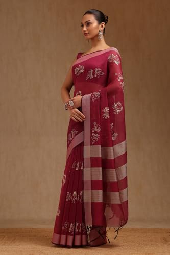 Soch Womens Wine Chanderi Warli Saree With Thread Work