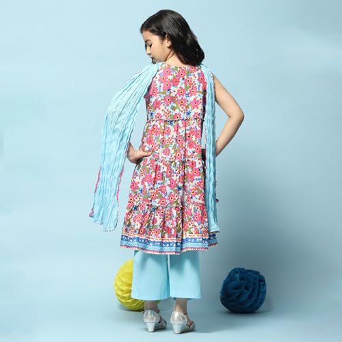BIBA Girls Voile Printed Narrow Kurta with Pant & Dupatta (Kw5279_Blue_13), 12-13 Years