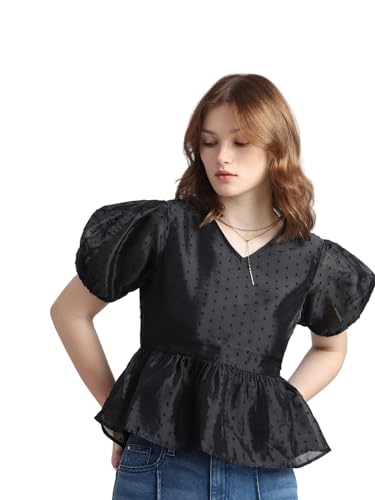 ONLY Women Self Design Cotton Black Peplum Top