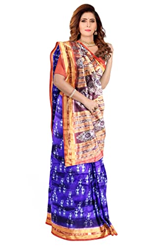 BTHIKIRI Odisha Sambalpuri Handloom Ikat Traditional Women's Pure Khandua Silk Saree Without Blouse (Navy Blue,Red, BTHI 5410)