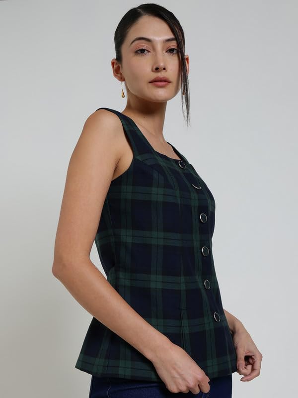 FableStreet Cotton Checkered Waistcoat - Blue