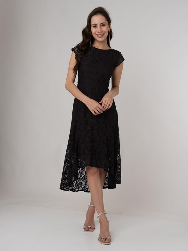 Zink London Women's Black Lace Round Neck Midi Dress