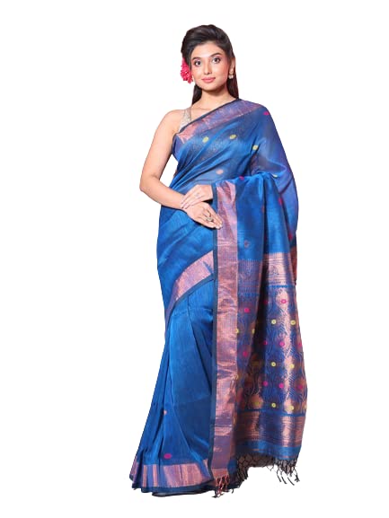 Sareekatha Women's Linen Handloom Saree With Unstitched Blouse Piece. (Sky)