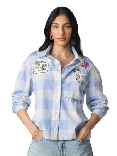 The Souled Store Peanuts: Gurgle Women and Girls Long Sleeves Collared Neck Button Front Embroidered Cotton Oversized Fit Lightweight Casual Streetwear Typography Printed Shackets