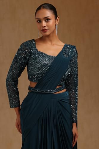 Soch Womens Blue Spandex Solid Ready To Wear Saree
