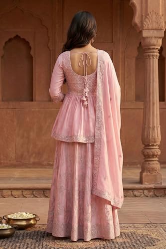Aurelia Women's Pink Sequins Flared Top with Skirt and Dupatta Set - (AD10765-E609132-XL)