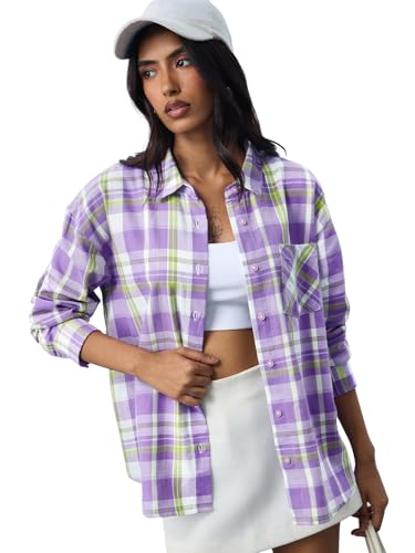 The Souled Store Plaid Shirt: Lilac Women and Girls Long Sleeves Collared Neck Button Front Purple Cotton Boyfriend Shirts
