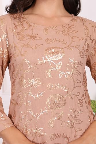 W for Woman Brown Floral Printed Sequins A-line Rayon Kurta with Flared Pants Set - (WS13702-401065-3XL)