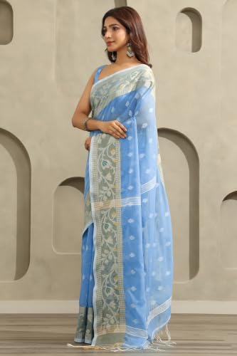 Soch Womens Light Blue Cotton Jamdani Woven Saree