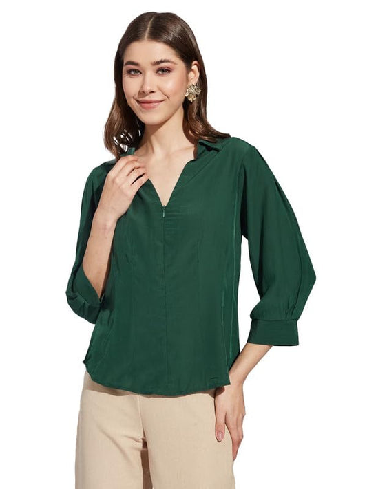 Latin Quarters Women Green Collar Neck 3/4th Sleeve Solid Shirt Blouse_2XL