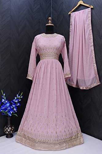 RUDRAPRAYAG Georgette Embroidered Semi-Stitched Maxi Gown For Women Pink_5XL