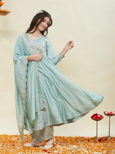 CURLY TALES ALPHA Girls Embroidered Anarkali Kurta Set with Dupatta | Ethnic Wear Sky Blue