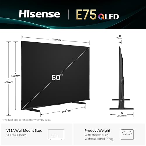 Hisense 126 cm (50 Inches) 4K Ultra HD Smart QLED TV | 48W Powerful Speakers | Dolby Atmos & HDR10+ | ALLM, VRR & Game Mode and Cricket | AI 4K Upscaler | VIDAA OS | 50E75Q (Black)