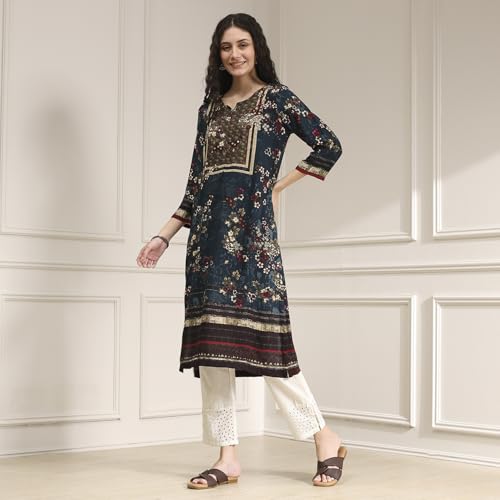 BIBA Women Teal Floral Printed Straight Kurta_32