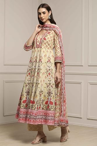 Biba Women Off White-Pink Cotton Anarkali Printed Suit Set_32