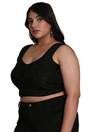 S SALWAR STUDIO Women's Black Silk Blend Readymade Saree Blouse-PLSSB00045-BLCK