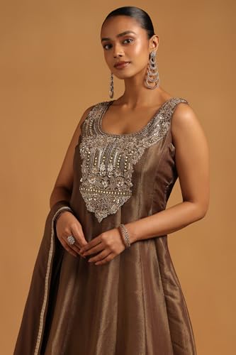 Soch Womens Olive Tissue Floral Gown with Beads and Stones