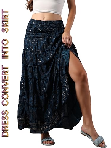 KE KANHA EXPORTs Convertible Skirt Dress for Women|Summer Skirt Dress Beach Wear|Boho Border Print Flared Design|Multicolor|Easily fits S-M-L|Bust 24-48 Inches Length 38 Inches|Boho Beach