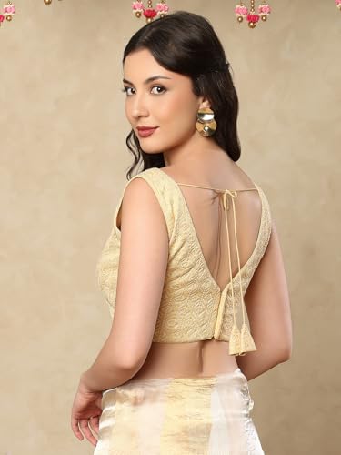SALWAR STUDIO Golden Georgette V-Neck Readymade Sleeveless Saree Blouse