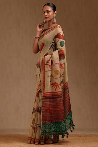 Soch Womens Beige Linen Blend Botanical Print Saree With Zari Woven