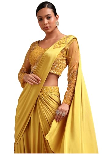 Soch Womens Yellow Nylon Blend Solid Ready To Wear Saree With Beads And Stones