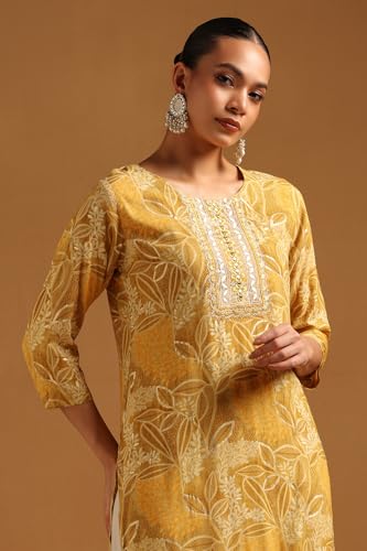 Soch Womens Mustard Rayon Floral Print Kurta with Mirror Work