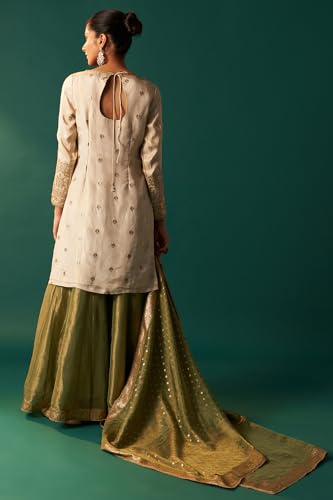 Wishful Women's White Zari Embroidered Tissue Straight Kurta with Sharara and Dupatta Set (SP12834-401055-2XL)