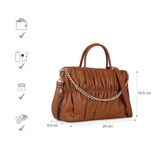 Fastrack Ruched Faux Leather Satchel Bag for Women | Structured Handbag with Detachable Chain Strap, Zippered Compartment and Inner Pockets | Elegant Convertible Bag for Casual and Wear