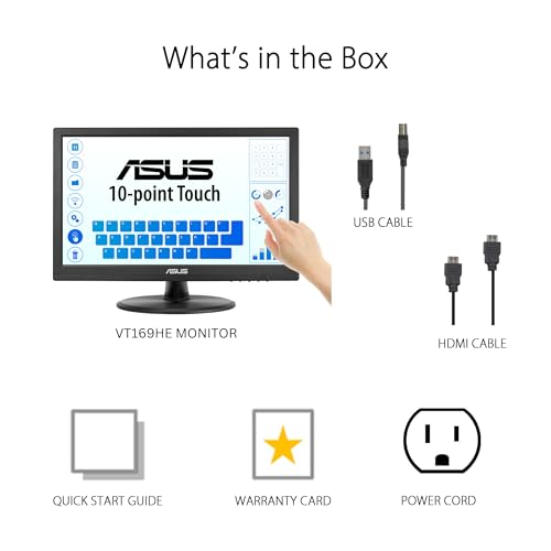 ASUS 15.6" 1080P Touch Monitor (VT169HE) - Full HD, 10-Point Touch Display, IPS, Wide Viewing Angle, Frameless, Eye Care, No Flicker, Low Blue Light, HDMI, Compliance