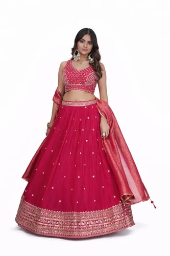 Dharohar Organza Handwork Lehenga Choli with Crop Top, Pink Embroidered Traditional Indian Ethnic Wear