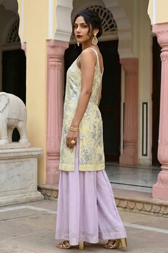 Wishful Women’s Yellow Zari Embroidered Straight Sleeveless Kurta with Cullotes and Dupatta Set - (SP11510-401090-XL)