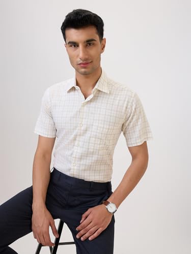 Raymond Men Regular Fit Checks Pattern Linen Blend Semicutaway Collar Half Sleeve Formal Shirt (Size: 42)-RMSY13522-F2 Yellow