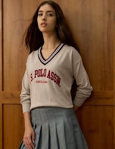 U.S. POLO ASSN. Women Relaxed Fit Brand Printed Sweater (UWAW25SWE197_Beige_M)