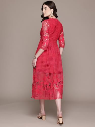 Label RITU KUMAR Red Marin Round Neck Long Dress