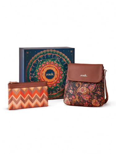 ZOUK Paisley Sling Bag & Utility Pouch Gift Set | Rakhi Gift for Sister | Vegan Leather Crossbody Sling with Travel Organiser Pouch | Handcrafted in India