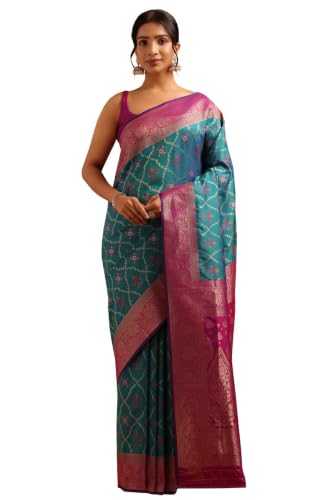 Soch Womens Teal Silk Blend Ethnic Motifs Zari Woven Saree