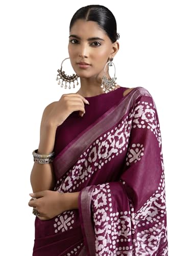 Soch Womens Wine Linen Batik Print Sarees With Tassels