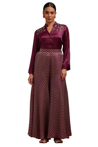 Soch Womens Wine Satin Solid Co-Ord Set With Beads