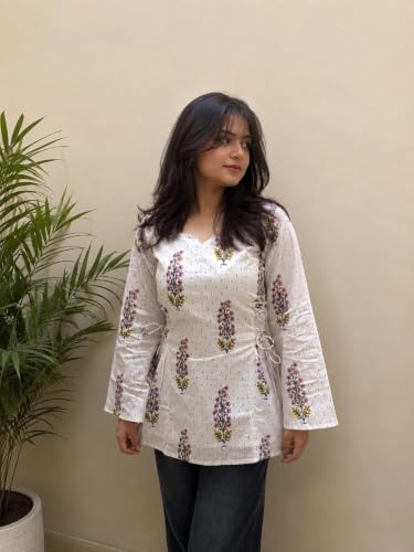 Kurvee Women Floral Print Cotton Kurti | Corset Style | Side Tie-Up Design | Straight Fit | Lightweight Breathable Fabric | Ethnic Kurta for Women | Comfortable Stylish Tunic Top | White, XL |