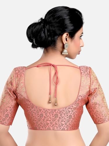 Biyu Women's Brocade Floral Woven Round Neck Half Sleeves Readymade Saree Blouse (Peach, 46)