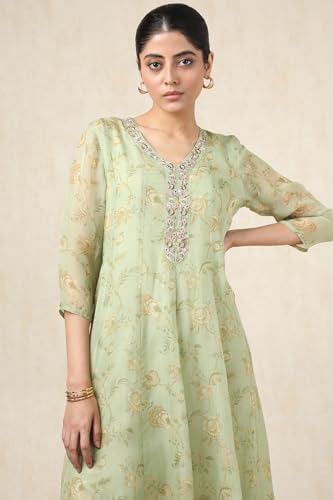 Soch Womens Green Organza Botanical Print Dress with Thread Work