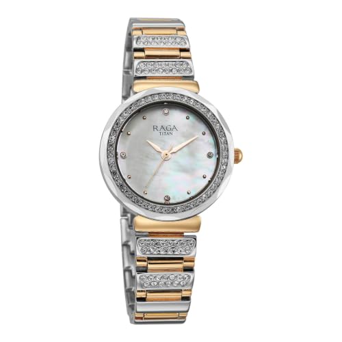 Titan Raga Spotlight 2.0 Quartz Analog 3Hands Display White Mother of Pearl Dial IPRG+Steel Look Color Strap Watch for Women - 95419KM01