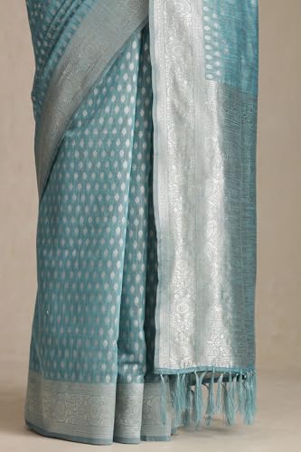 Soch Womens Turquoise Blue Tussar Woven Design Saree