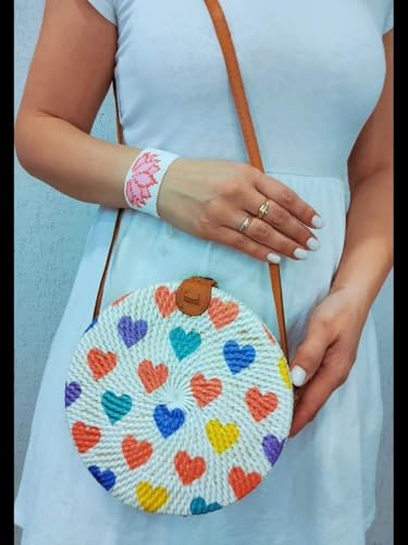 MAIRO LIFESTYLE Rattan Cane Straw Wicker Handmade Boho Summer Beach Round Sling Bag (Love Heart)