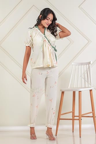 NoHook Korean Style Braless Cotton Nightsuit Set for Women | Floral Print Co-ord | in-Built Pads Beige