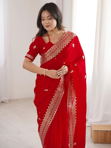 AKHILAM Women's Red Satin Silk Embellished Saree With Unstitched Blouse Piece (KRIYNS5305_KH)